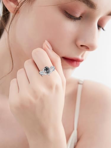 Natural Moss Agate Ring for Women 925 Sterling Silver Pear/Oval/Kite/Heart/Hexagon/Emerald/Coffin Cut Green Leaf Moss Agate Engagement Ring Promise Bridal Set Anniversary Birthday Jewelry Gifts - color: Oval Cut Black Rutilated Quartz