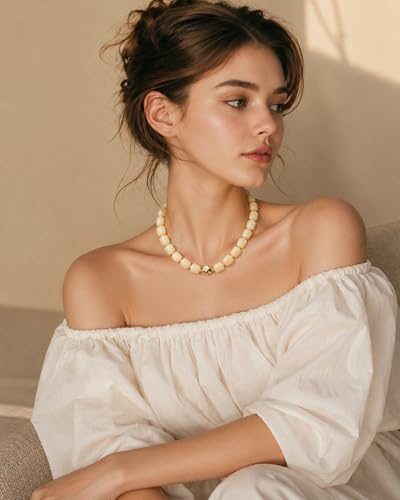 Chunky Beaded Statement Necklace for Women Trendy Colorful Boho Resin Bead Choker Necklaces Summer Handmade Jewelry Gifts Accessories - color: Beige-3