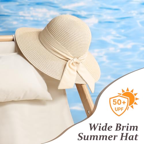 Beach Hats for Women, Sun Straw Hat for Women, UPF 50+ UV Sun Protection Sun Hat Womens, Foldable Floppy Sun Hat - color: Khaki+beige Ribbon