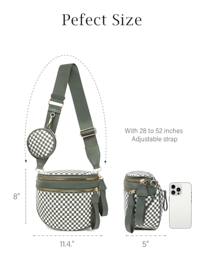 Valentoria Large Woven Leather Crossbody Bags for Women Checkered Bum Bag Sling Bag Purse Adjustable Strap Detachable Wallet | Woven - color: Green&white Checkered