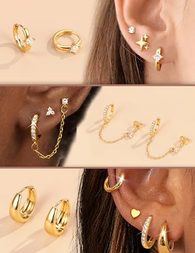 Florideco Flat Back Earrings Hypoallergenic Surgical Steel Earrings for Women Trendy Cartilage Chain Earring 14K Gold Plated Star Heart CZ Flatback Stud Earring Sets for Multiple Piercing - color: Gold
