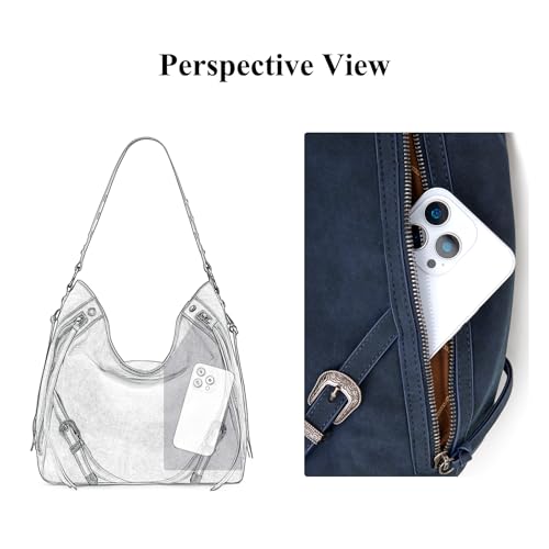 Wrangler Large Hobo Purses and Handbags for Women with Buckle and Fringe Zipper Faux Suede Shoulder Bag - color: Navy