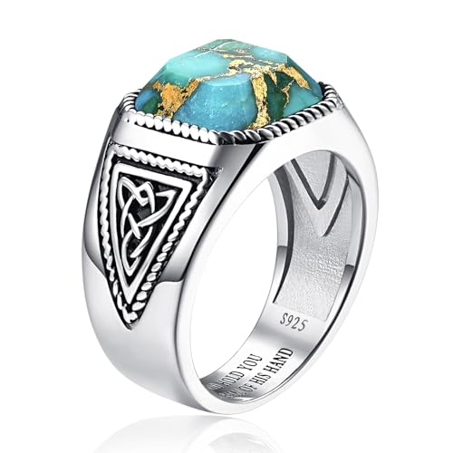 7ct Vintage Teal Turquoise|Emerald|Black Onyx Ring for Men 925 Sterling Silver Men Rings 11mm Square-Cut Mens Cocktail Rings Celtic Pattern Band for Dad Father Size 7-12 - color: Irish Celtic Knot-Genuine Teal Turquoise