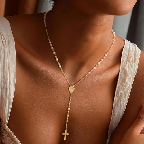 CHESKY Long Necklaces for Women, 14k Gold Plated/Streling Silver Lariat Necklace Dainty Statement Prom Necklace Rosary Cross Sun Drop Pendant Dangle Necklace Gold Prom Jewelry for Women Gifts - style: y necklace 14