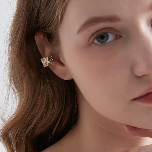MTMY Gold Ear Cuff Earring for Women 14K Gold Plated Cubic Zirconia Non-Pierced Clip on Cartilage Chunky Ear Cuffs Hypoallergenic Jewelry - style: flower