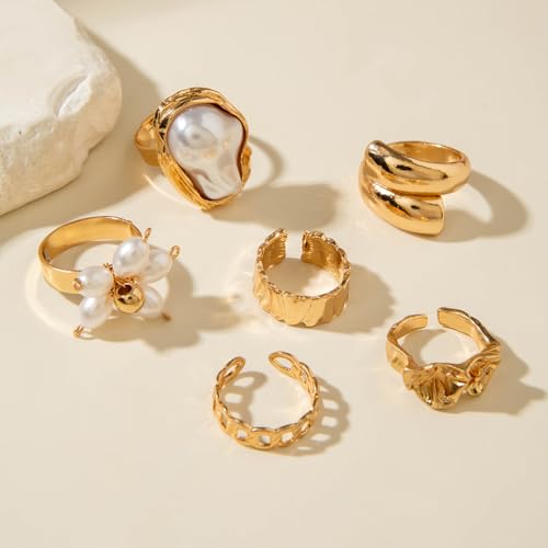 Chunky Gold Irregular Rings Stack Set for Women Statement Baroque Pearl Flower Stackable Knuckle Finger Ring Non Tarnish Boho Hammered Jewelry Gifts - color: Gold Flower