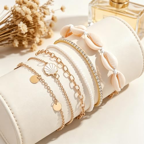 Beach shell sea star sea bead anklet set for Women, adjustable gold-plated Bohemian shell bracelet for ankle Fashion Layered anklet - color: Shell Disc 6Pcs
