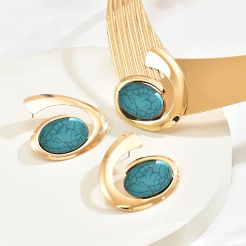 Gold Jewelry Set Chunky Gold Necklace Earring Set for Women Boho Oval Acrylic Earring Necklace Western Adjustable Choker Necklaces Bohemian Jewelry Set For Women - color: Blue