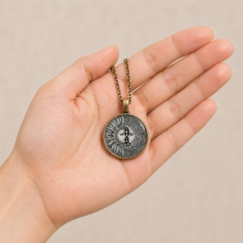1pc Stunning Round Pendant Necklace - Unique Sun & Moon Pattern, Oil Painting Style Glass Mosaic, Alloy Construction, Trendy Sweater Chain, Fashionable Gift for Women - Christmas or Birthday Gift - color: Gray Sun/Moon Bronze Chain
