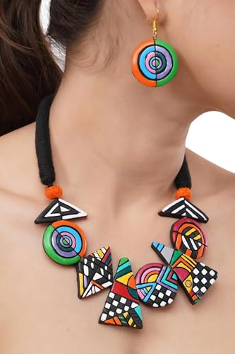 Bold Multicolor Geometric Terracotta Jewelry Set Hand-Painted Clay Necklace with Earrings | Artisan Handmade Statement Boho Jewelry for Women | Gift for Her - color: Multicolour Geometric