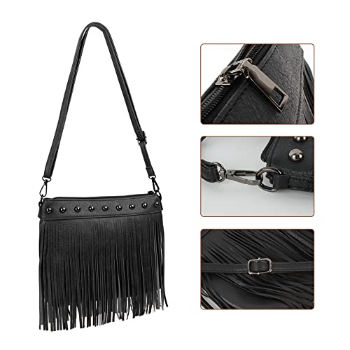 Hoce Women’s Leather Fringe Messenger Bag Large Hobo Crossbody Tassel Shoulder Bags, Gift for Mom Wife Girlfriend - color: 6926 Black
