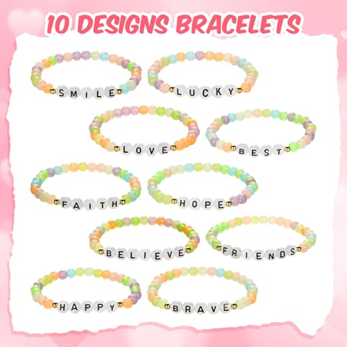 Hoteam 100 Pcs Beaded Friendship Bracelets Bulk Colorful Glow in The Dark Inspired Letter Bracelets Y2k Stretchy Preppy Adjustable Jewelry for Music Lovers Fans Women Party Favor Gifts Sleepover Party