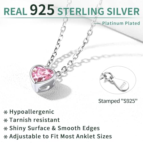 ChicSilver 925 Sterling Silver Anklets for Women, Simple Dainty Round/Heart Birthstone Ankle Bracelet Beach Foot Jewelry, 8.7-10.7 Inch Adjustable - color: 10. Heart - October(Tourmaline)