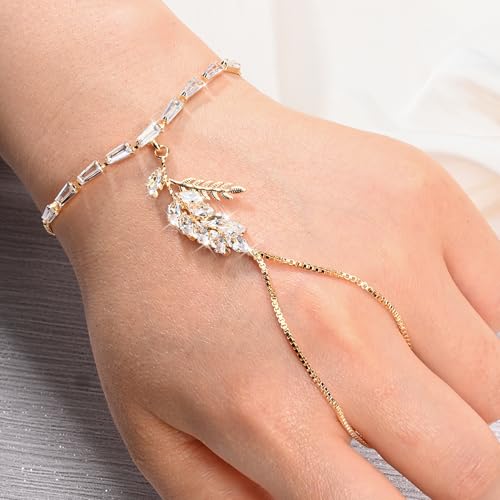 Adjustable Hand Chain Bracelet Women, 16K Gold Plated Finger Bracelet, Secure Ball Clasp Elegant Slave Hand Jewelry, Y2K Aesthetic Accessories for Summer Festival Prom Beach Vacation Daily Wear - color: style4-16K gold-plated