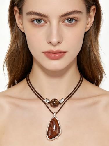 GelConnie Boho Necklaces for Women Cowgirl Necklace Stone Leather Cord Pendant Necklaces With Beads Long vintage Layered Choker Necklace - style: Brown Stone Necklace