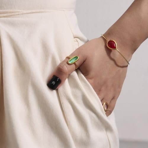 18K Gold Plated Adjustable Twisted Rings for Women Non Tarnish Oval Czech Glass Stone Stainless Steel Statement Rings Open Gemstone Boho Stackable Band Jewelry - color: Light Green