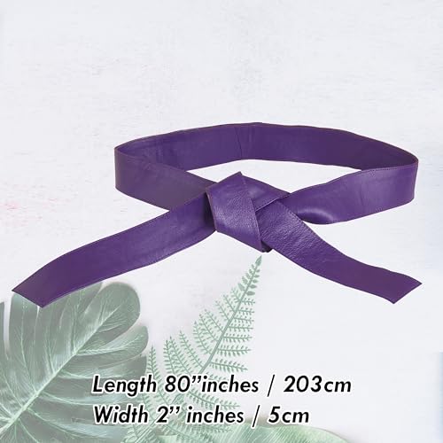 Woman's Obi Sash Tie Plus Size Waist Band Wide Solid Color Genuine Leather Belt - color: Puprle
