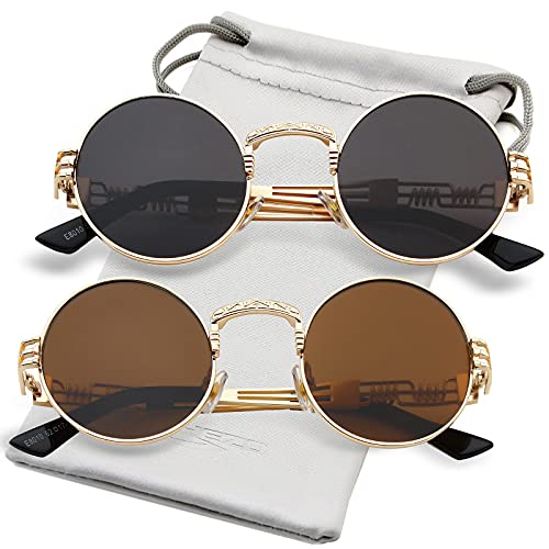 AIEYEZO Round Steampunk Sunglasses for Men Women Retro Circle Hippie Glasses Metal Frame 100% UV Blocking Lens - color: 2 Pack (Gold/Grey + Gold/Brown)