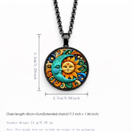1pc Stunning Round Pendant Necklace - Unique Sun & Moon Pattern, Oil Painting Style Glass Mosaic, Alloy Construction, Trendy Sweater Chain, Fashionable Gift for Women - Christmas or Birthday Gift - color: Orange Sun/Blue Moon (Black)