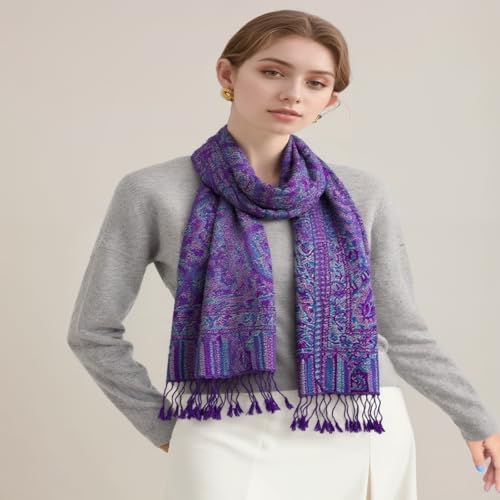 AUSEKALY Pashmina Feel Shawls Wraps for Women Rave Scarf Soft Silky Reversible Men Scarves - color: Purple Blue