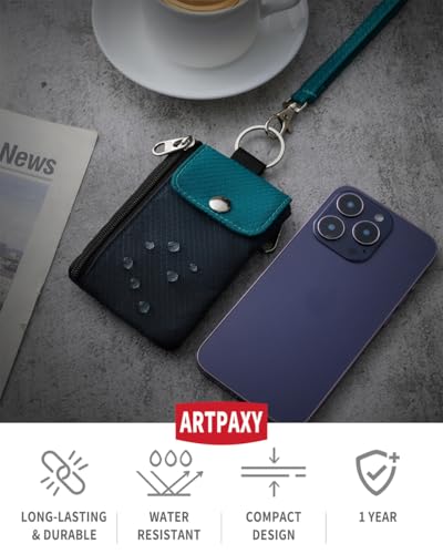 Artpaxy Minimalist Wallet For Mens Womens, Keychain RFID Blocking Zipper Small Wallet with ID Window 2 Lanyards,Water Resistant Travel Cash Card Coin Case Boys Girls - color: Dark grey+Blue green, style: Casual