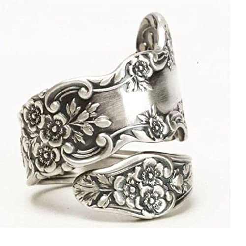 LRGKMCWTOB Retro Flower Ring 925 Sterling Silver Vintage Flower Stacking Band Ring Simple Thumb Statement Rings Victorian Flower Open Adjustable Boho Floral Statement Jewelry for Women (Size 10) - size: Size 10