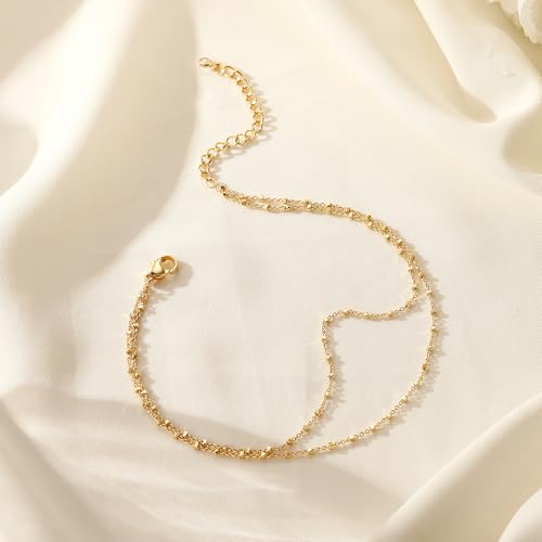 Ritach Ankle Bracelets for Women - Silver/Gold Plated Stainless Steel Anklets for Women Waterproof Layered Cuban Link Figaro Chain Heart Anklets Set Summer Beach Jewelry Gifts - color: Gold-Layered Beaded Chain