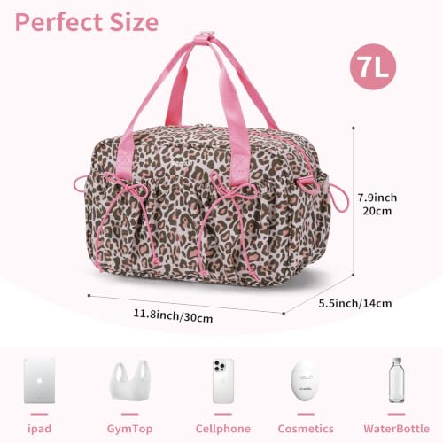 ECOHUB Small Gym Bag for Women, Mini Gym Duffle Bag with Wet Compartment, Bowknot Sports Bag, Cute Gym Tote Bag Dance Yoga Workout Travel Bags Pink Leopard Print - color: Pink Leopard Print