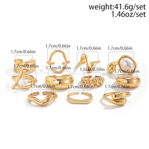 Chunky Gold Rings for Women Non Tarnish Boho Stackable Rings Set Adjustable Open Joint Finger Midi Knuckle Ring Packs - color: Gold Pearl Rings 11Pcs