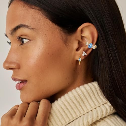 MEVECCO Ear Cuff Non Piercing for Women 18K Gold Plated Dainty Ear Cuff Earring Stacks Cartilage Clip On Wrap Huggie Minimalist Fake Piercings Open Hoops Jewelry Gifts - style: oval-blue