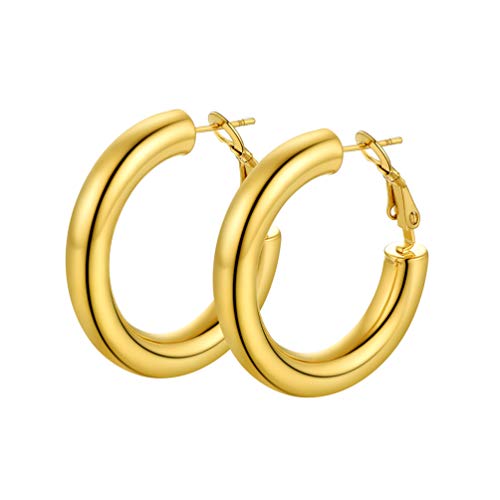Stainless Steel Chunky Hoop Earrings For Women, Minimalist and Chic, Black/Gold Plated, Round Hoops Earrings Hypoallergenic, Size: 30mm/40mm/60mm/80mm, Come with Box - color: 1. Gold, size: 30MM