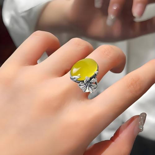 Boho Oval Stone Flower Leaf Statement Ring for Women Antique Silver Plated Vintage Crystal Plum Blossom Adjustable Open Wrap Rings Comfort Fit Retro Gemstone Art Decor Wedding Engagement Jewelry - color: Yellow