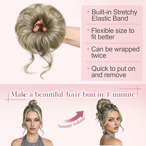 Real Human Hair Messy Bun Hair Piece for Women, 32g Curly Updo Extensions Scrunchie, Natural Looking Fake Bun Hairpiece Faux Pieces for Thick Thin Hairs Ash Brown Mix Ash Blonde - color: Ash Brown Mix Ash Blonde