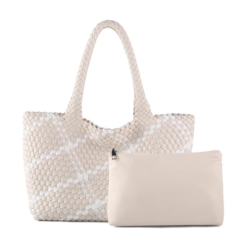 Woven Tote Bag Womens Purse Vegan Leather Shoulder Handbags Fashion Summer Beach Tote Bags Large Travel Totes - color: Beige-w