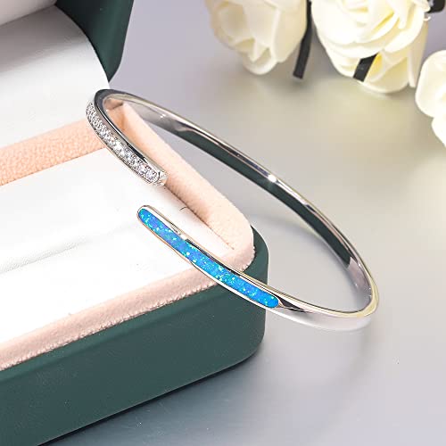 CiNily Womens Cuff Bracelet,Opal Bangle Bracelets Gold Plated Hypoallergenic Ladies Gemstone Open Cuff Bangle Bracelet - color: a.Thin CZ Opal-Blue
