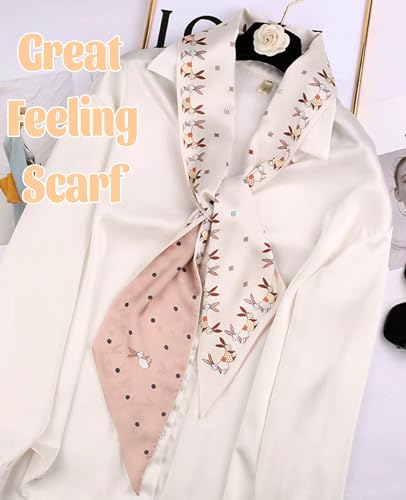 kcctoo 59” Long Silk Like Head Scarf Women's Fashion Square Neck Satin Scarfs for Bag Hair Scarves Gift 59 * 5.9” - color: G2 Cute Rabbit Beige 59" X 5.9"