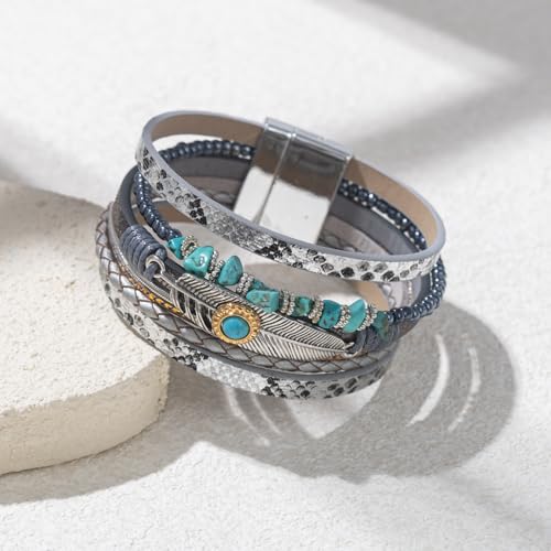 FANCY SHINY Turquoise Boho Leather Bracelet Stackable Chunky Wrap Bangle Bracelets Cowboy Cowgirl Chic Western Jewelry Gift for Women - color: Silver