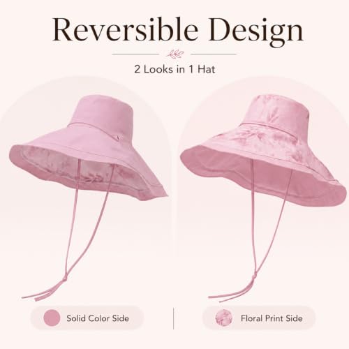 Wide Brim Sun Hat for Women Reversible Beach Hats Metal Wired Edge Gardening Hats, UPF 50+ Bucket Summer Hat - color: Pink Floral