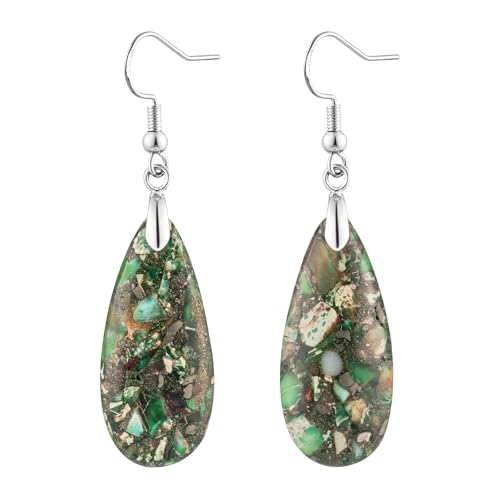 Stone Drop Earrings for Women Earrings Teardrop Jasper Stone Dangle Earrings - color: Brownish Green-Silvery Hook