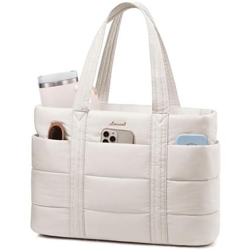 LOVEVOOK Tote Bag for Women, Large Puffer Work Tote Bag for 15.6 Inch Laptop, Lightweight Travel Tote with Zipper Gifts for Women - color: Beige-a, size: 15.6 Inch
