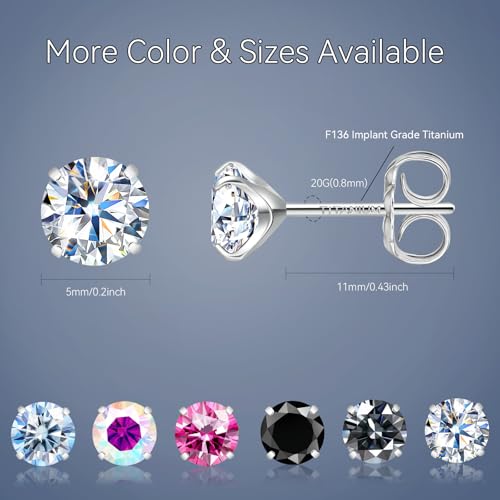 Moissanite Stud Earrings, G23 Hypoallergenic Titanium Stud Earrings for Women Men, Round Cut D Color VVS1 Clarity 18K White Gold Palted Multicolor Moissanite Jewelry, 0.6CT-3.0CT - color: White, size: (0.5ct*2)-5mm-1.0 Carat