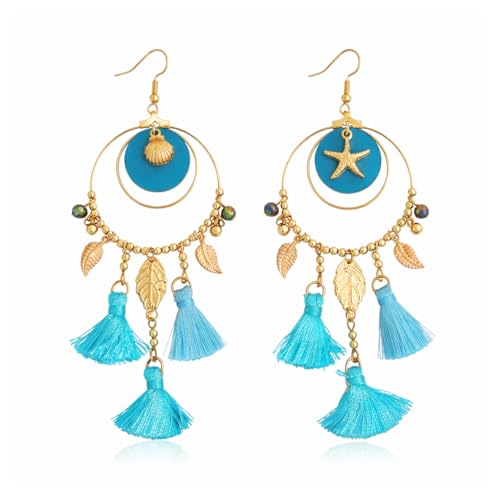 Ocean Starfish Shell Tassel Dangle Earrings for Women, Bohemian Blue Green Beach Sea Inspired Statement Dangle Boho Tropical Summer Vacation Jewelry Gift