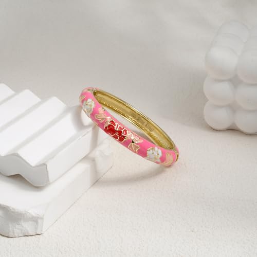 Vintage Flower Cuff Bangles Gold Plated Cloisonne Chinoiserie Peony Floral Elegant Bracelet Gifts For Women - color: rose pink