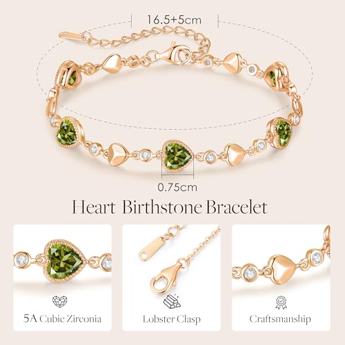 925 Sterling Silver Birthstone Heart Bracelet Jewelry Gift for Women | Rose Gold Plated Bracelets,Hypoallergenic,Adjustable Chain Personalized Anniversary Christmas Jewelry Gift for Mom Wife - color: Rose Gold-08-Aug