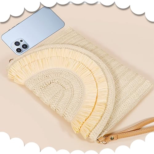 Crossbody Bags for Women, Straw Clutch Purses, Bohemian Handmade Woven Envelope Package, Tassel Handbags for Women | Bohemian - color: Beige
