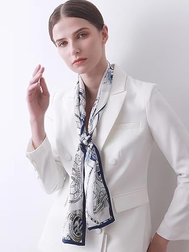 ANDANTINO 100% Silk Scarf for Women 59”*6.3” Long Shawls for Headscarf and Neck- Oblong Hair Wraps with Gift Packed - color: White&blue -Nautical
