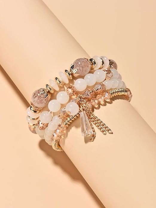 Caiyao 4Pcs Bohemia Multilayer Stackable Beaded Bracelets Set Colorful Crystal Stone Gold Beaded Stretch Bracelets Hawaii Charm Bracelet for Women Men Summer Beach Boho Vacation Jewelry Gifts - color: White