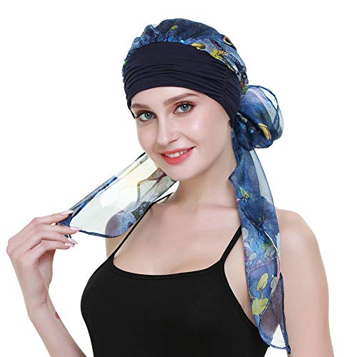 Chemo Headwear Turbans for Women Long Hair Head Scarf Headwraps Cancer Hats - color: Denim Blue