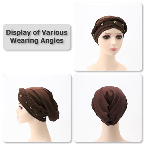 African Women Turban Caps Pre-Tied Twisted Turbans Head Scarf for Women Hair Wraps Cover Beanie Cancer Chemo Headwear - color: 1 Pack Twisted Braid: Gold Bead Coffee