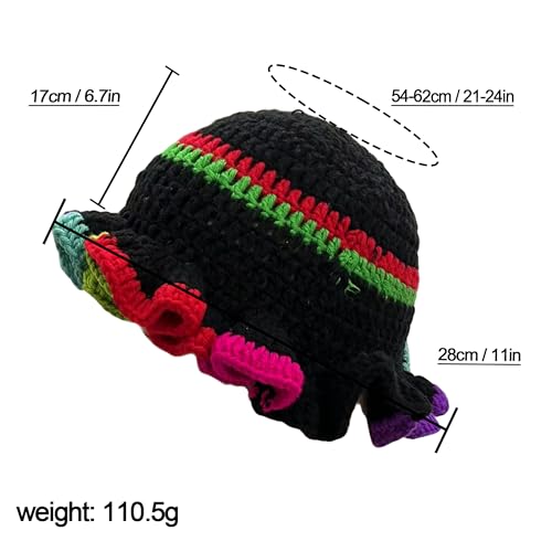 Handmade Crochet Bucket Hat for Women Boho Chic Slouchy Design Colorblock Ruffled Brim Festival&Daily Crochet Hat - color: Black Crown Contrasting